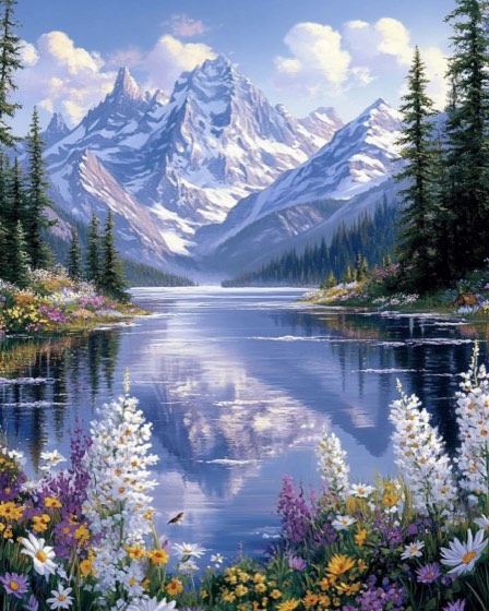 Mountain lake — finished paint-by-numbers artwork